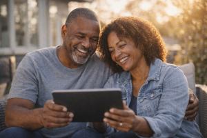Happy couple learning together